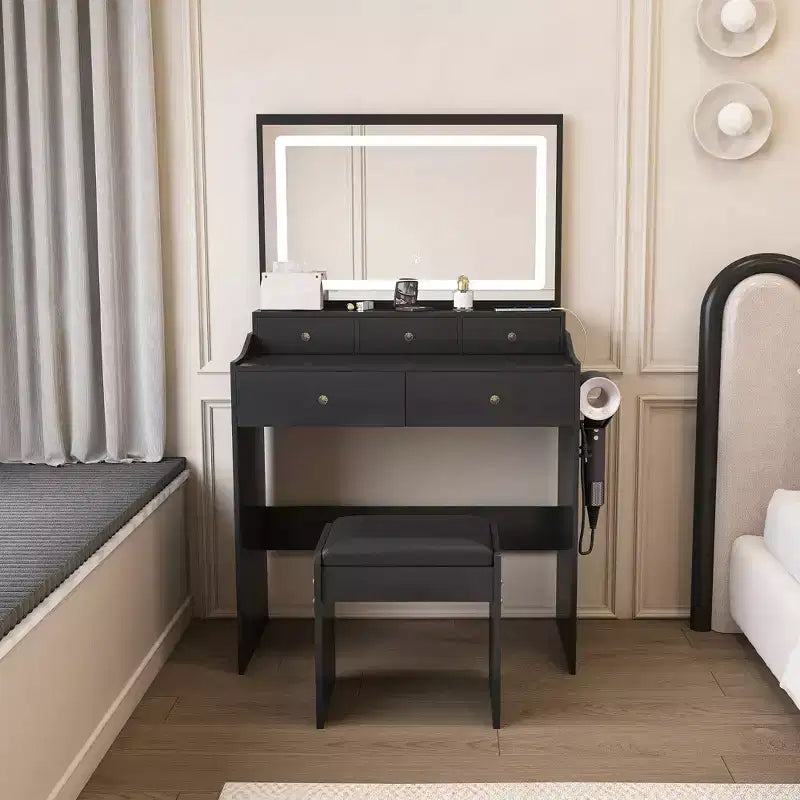 Large Mirror Vanity Desk with Power Outlet, 5 Drawers, 3 Lighting Modes, Black