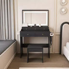 Large Mirror Vanity Desk with Power Outlet, 5 Drawers, 3 Lighting Modes, Black