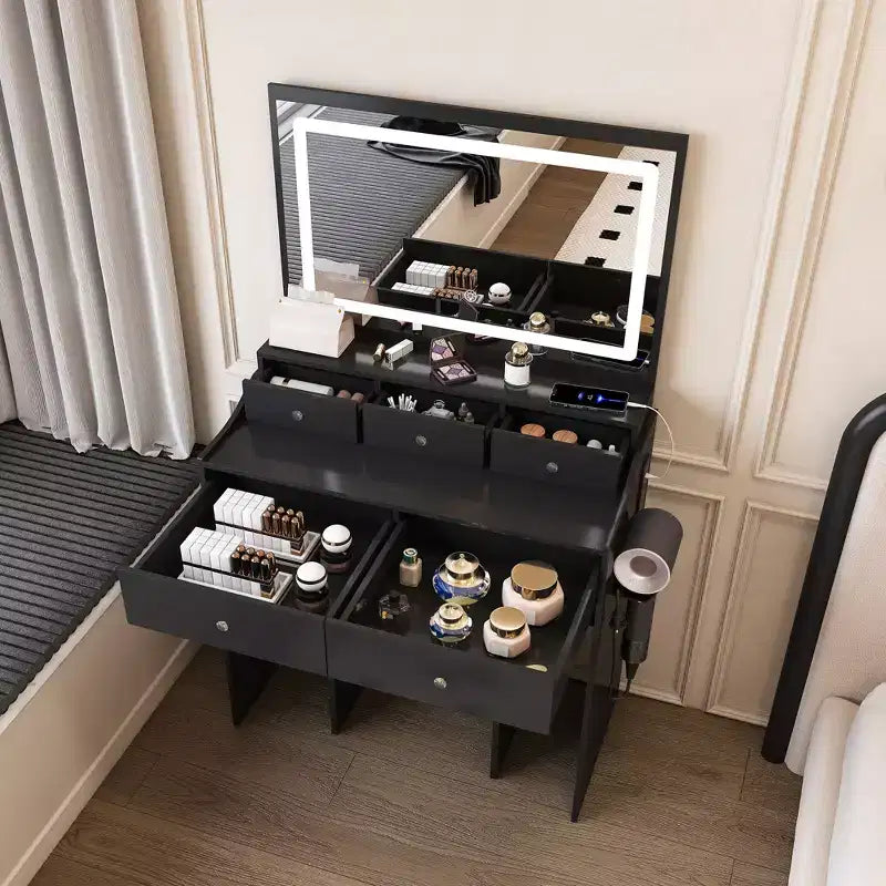 Large Mirror Vanity Desk with Power Outlet, 5 Drawers, 3 Lighting Modes, Black