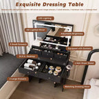 Large Mirror Vanity Desk with Power Outlet, 5 Drawers, 3 Lighting Modes, Black