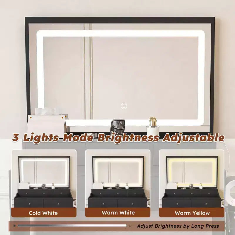 Large Mirror Vanity Desk with Power Outlet, 5 Drawers, 3 Lighting Modes, Black