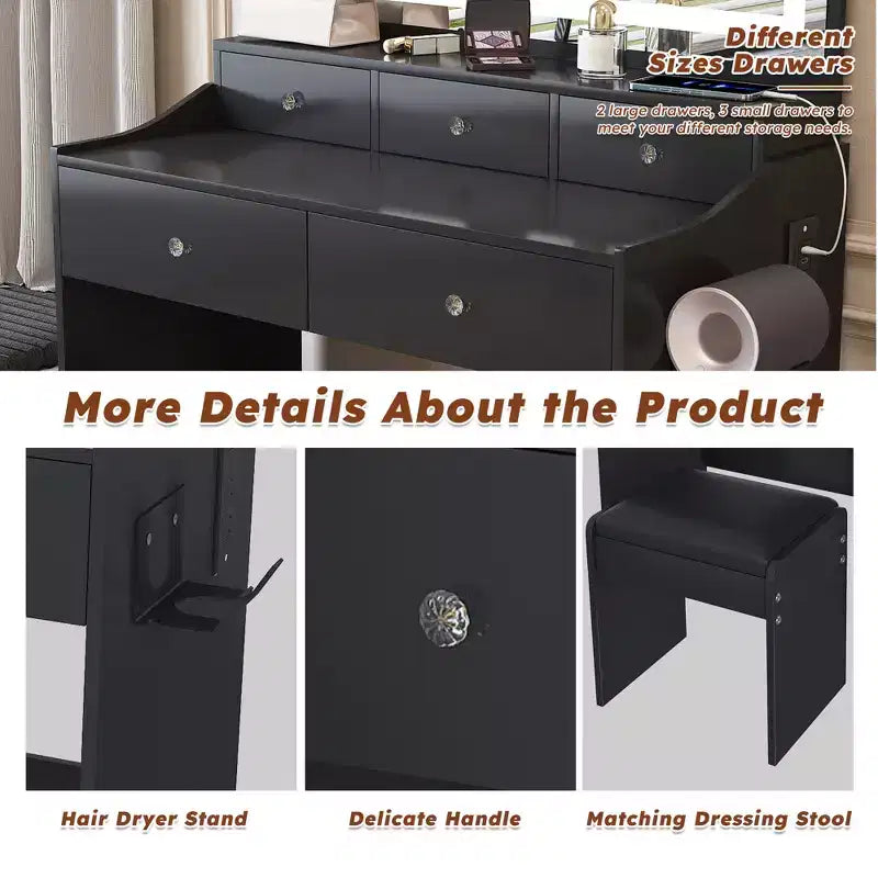 Large Mirror Vanity Desk with Power Outlet, 5 Drawers, 3 Lighting Modes, Black