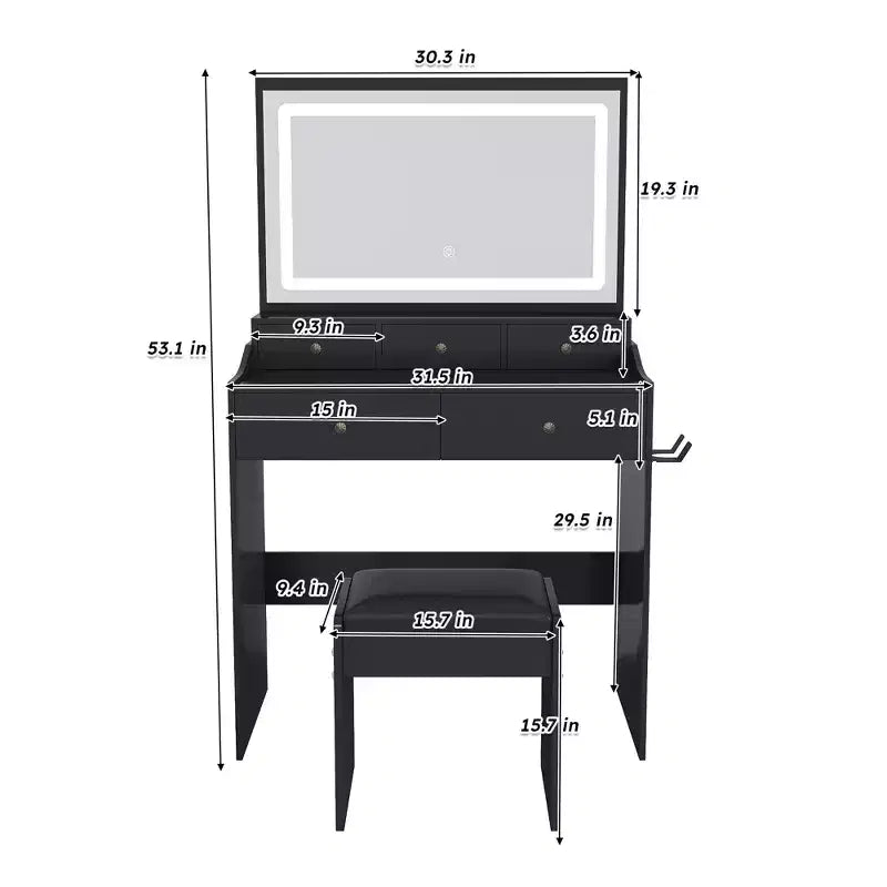 Large Mirror Vanity Desk with Power Outlet, 5 Drawers, 3 Lighting Modes, Black