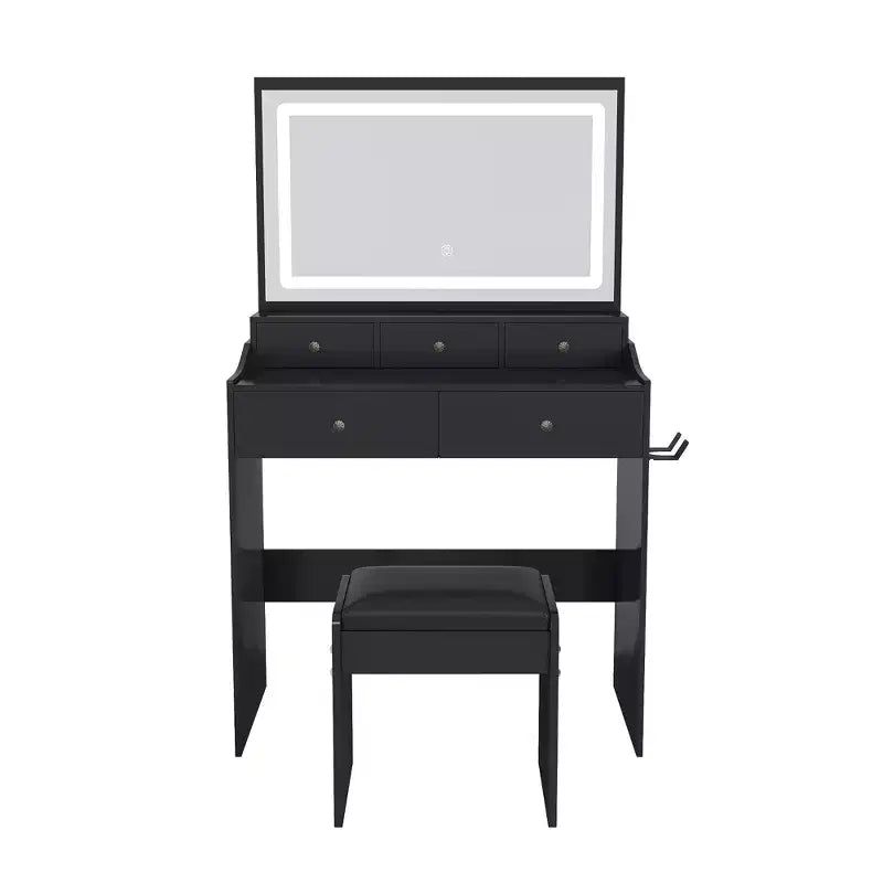 Large Mirror Vanity Desk with Power Outlet, 5 Drawers, 3 Lighting Modes, Black