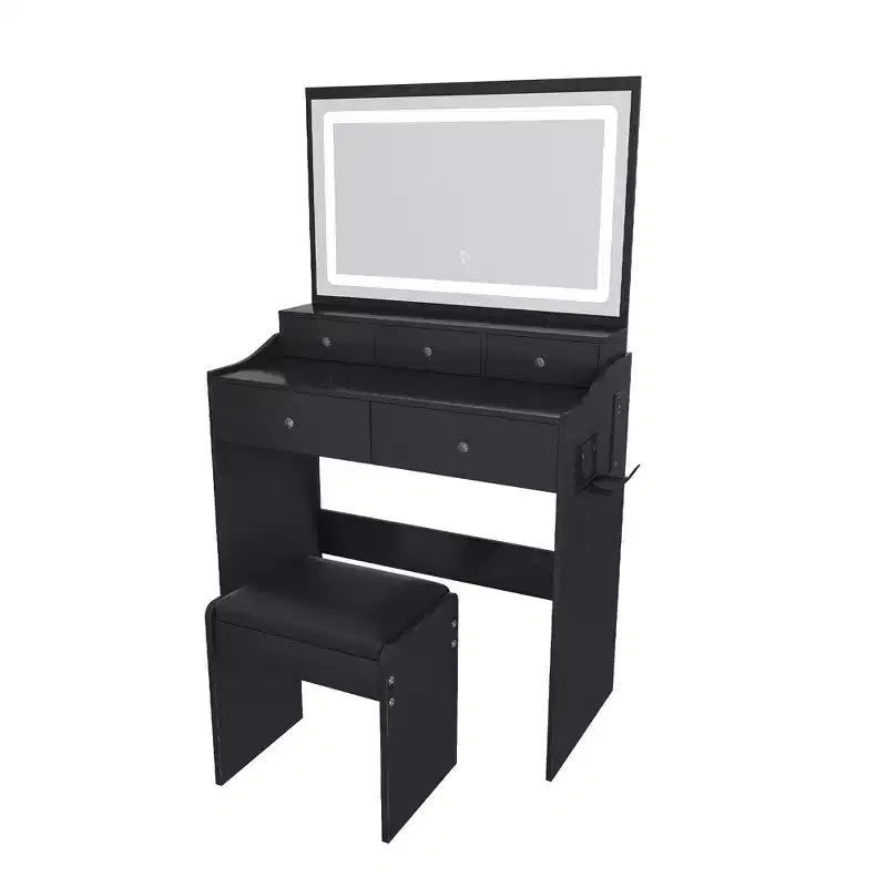 Large Mirror Vanity Desk with Power Outlet, 5 Drawers, 3 Lighting Modes, Black