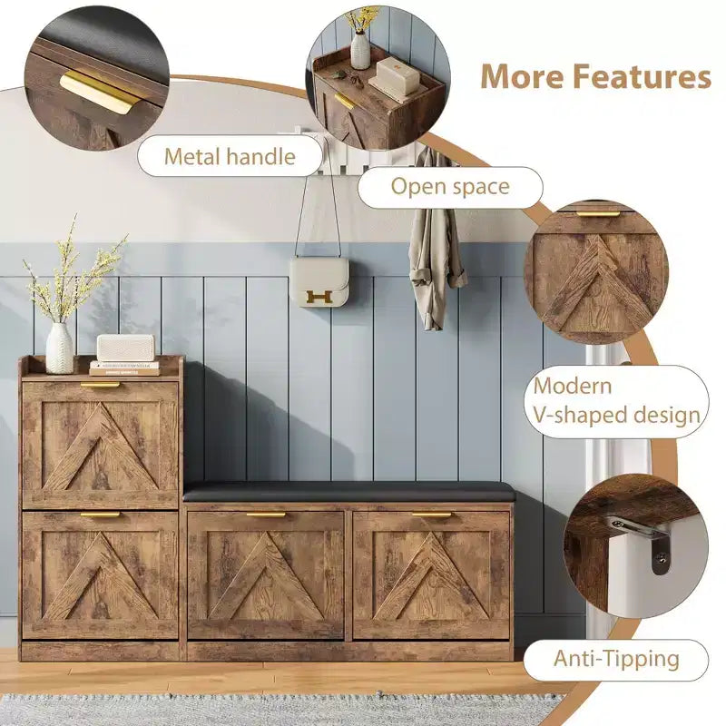 Shoe Storage Cabinet with Bench, 4 Flip-Drawer Entryway Organizer with Adjustable Cushioned Seat and Removable Shelves