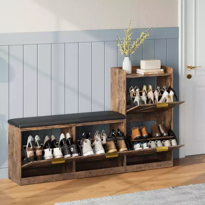 Shoe Storage Cabinet with Bench, 4 Flip-Drawer Entryway Organizer with Adjustable Cushioned Seat and Removable Shelves