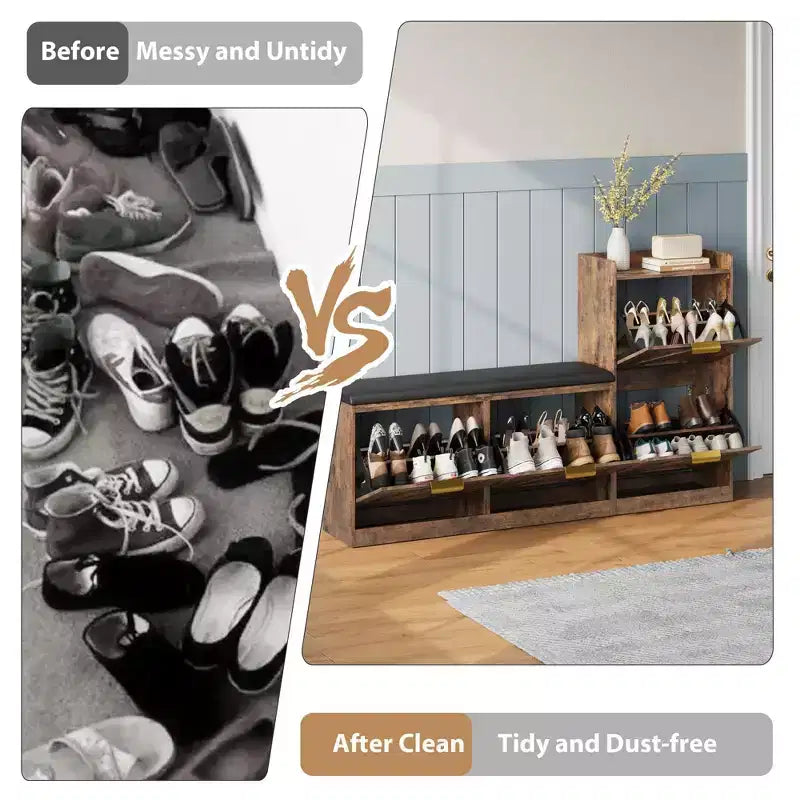 Shoe Storage Cabinet with Bench, 4 Flip-Drawer Entryway Organizer with Adjustable Cushioned Seat and Removable Shelves