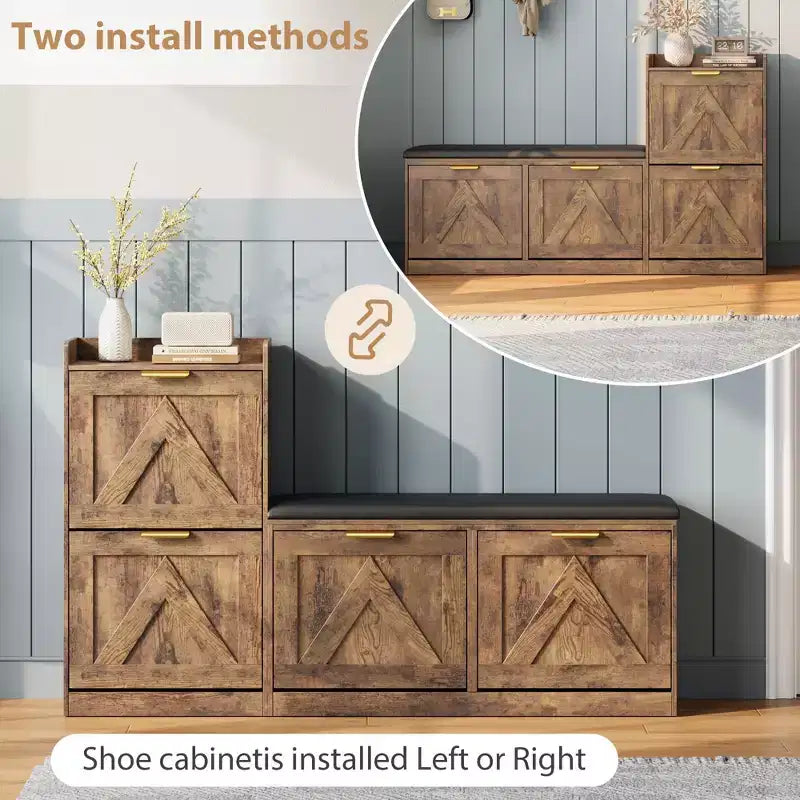 Shoe Storage Cabinet with Bench, 4 Flip-Drawer Entryway Organizer with Adjustable Cushioned Seat and Removable Shelves