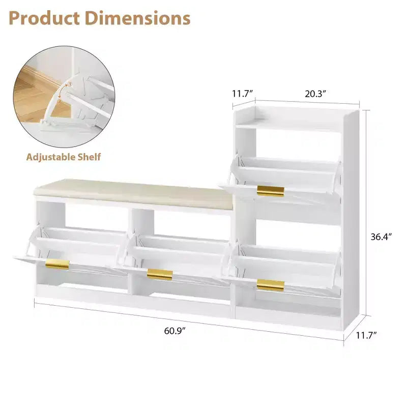 Shoe Storage Cabinet with Bench, 4 Flip-Drawer Entryway Organizer with Adjustable Cushioned Seat and Removable Shelves