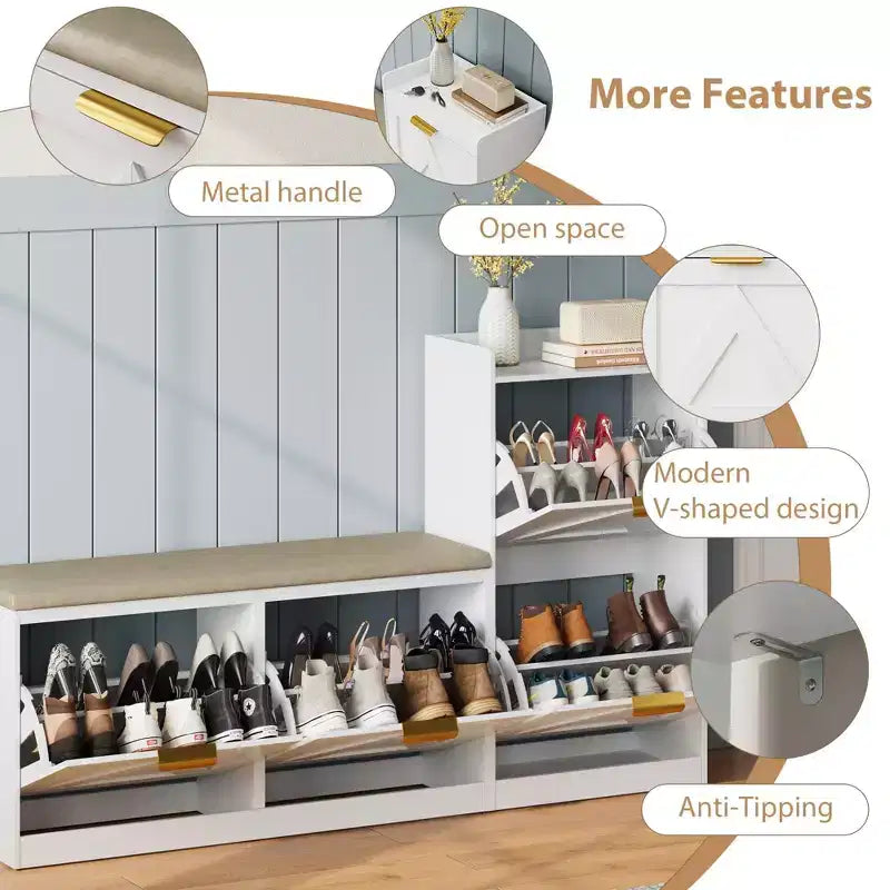Shoe Storage Cabinet with Bench, 4 Flip-Drawer Entryway Organizer with Adjustable Cushioned Seat and Removable Shelves