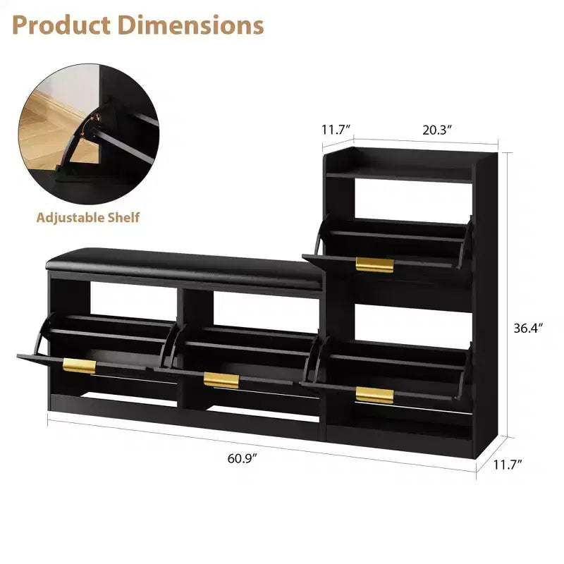 Shoe Storage Cabinet with Bench, 4 Flip-Drawer Entryway Organizer with Adjustable Cushioned Seat and Removable Shelves
