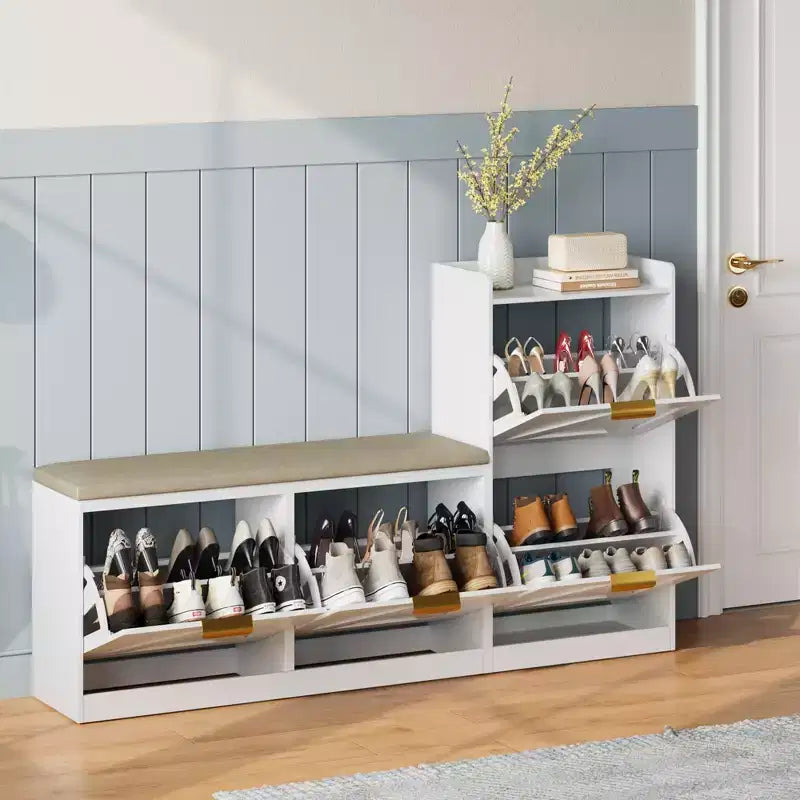 Shoe Storage Cabinet with Bench, 4 Flip-Drawer Entryway Organizer with Adjustable Cushioned Seat and Removable Shelves