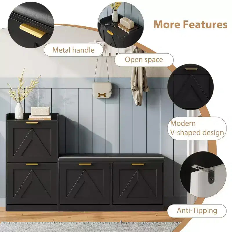 Shoe Storage Cabinet with Bench, 4 Flip-Drawer Entryway Organizer with Adjustable Cushioned Seat and Removable Shelves