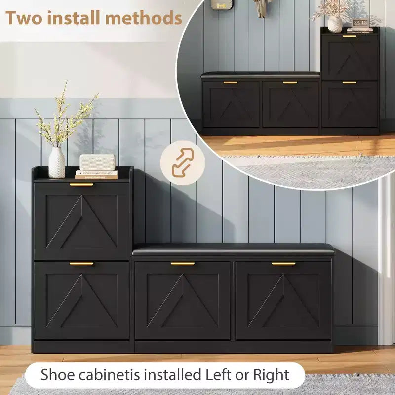 Shoe Storage Cabinet with Bench, 4 Flip-Drawer Entryway Organizer with Adjustable Cushioned Seat and Removable Shelves