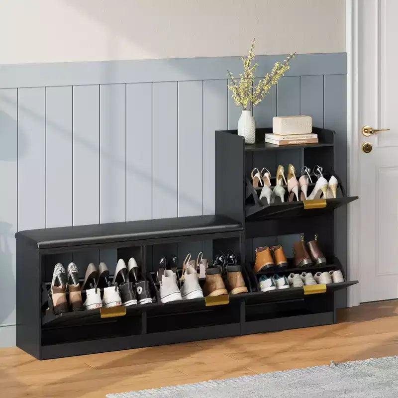 Shoe Storage Cabinet with Bench, 4 Flip-Drawer Entryway Organizer with Adjustable Cushioned Seat and Removable Shelves
