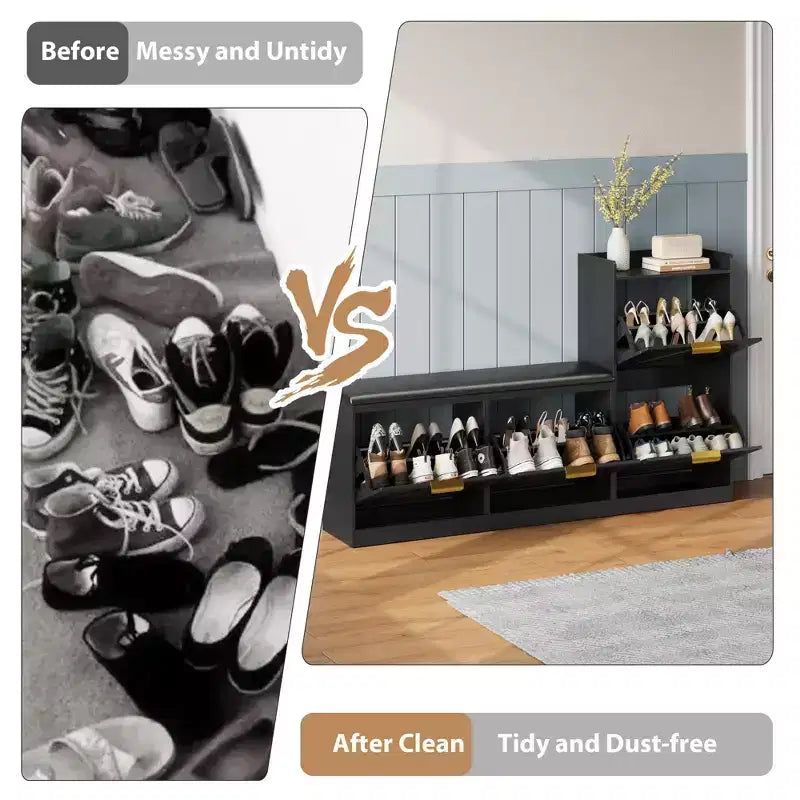 Shoe Storage Cabinet with Bench, 4 Flip-Drawer Entryway Organizer with Adjustable Cushioned Seat and Removable Shelves