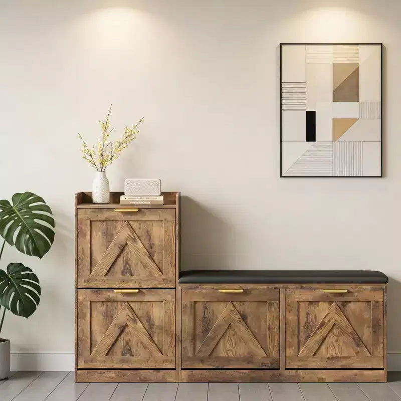 Shoe Storage Cabinet with Bench, 4 Flip-Drawer Entryway Organizer with Adjustable Cushioned Seat and Removable Shelves
