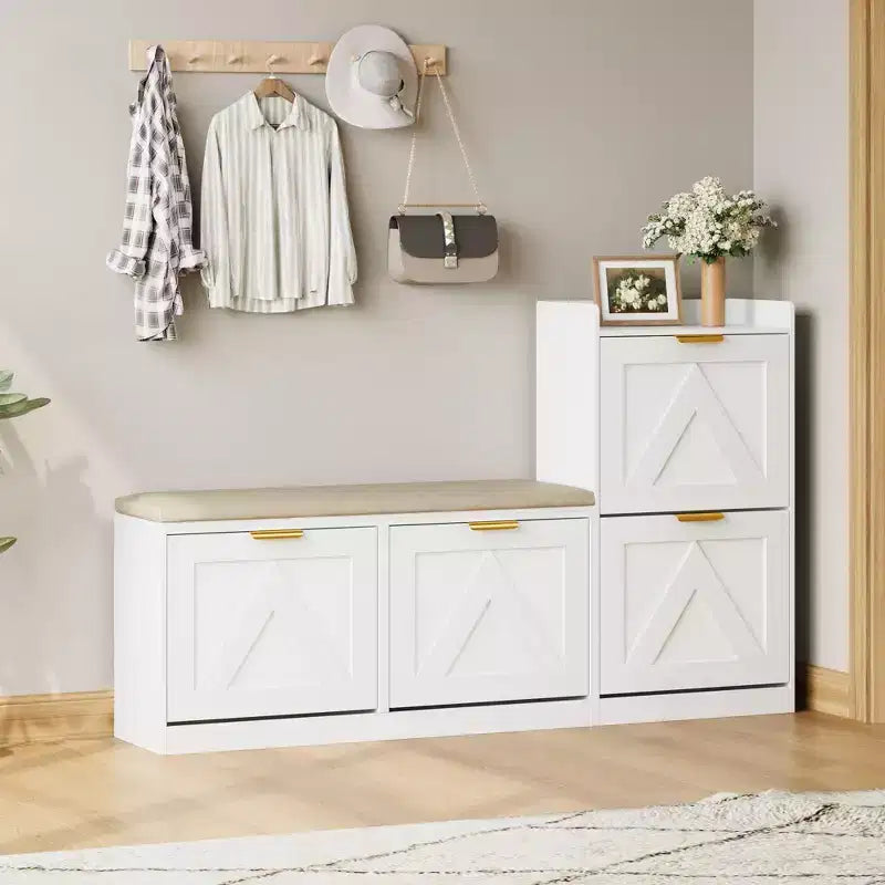Shoe Storage Cabinet with Bench, 4 Flip-Drawer Entryway Organizer with Adjustable Cushioned Seat and Removable Shelves