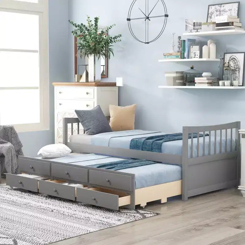 Whisen Twin Size Daybed & Bed Frame with Trundle and Drawers