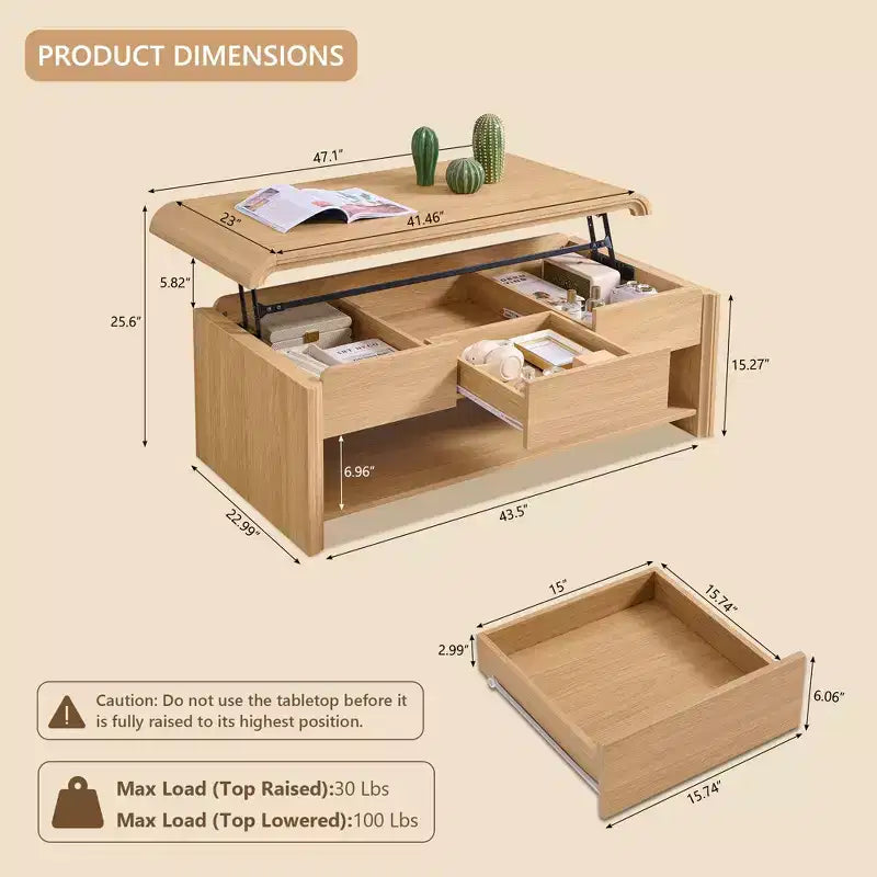 Lift Top Coffee Table with Storage, 47" Modern Coffee Table with Hidden Compartment