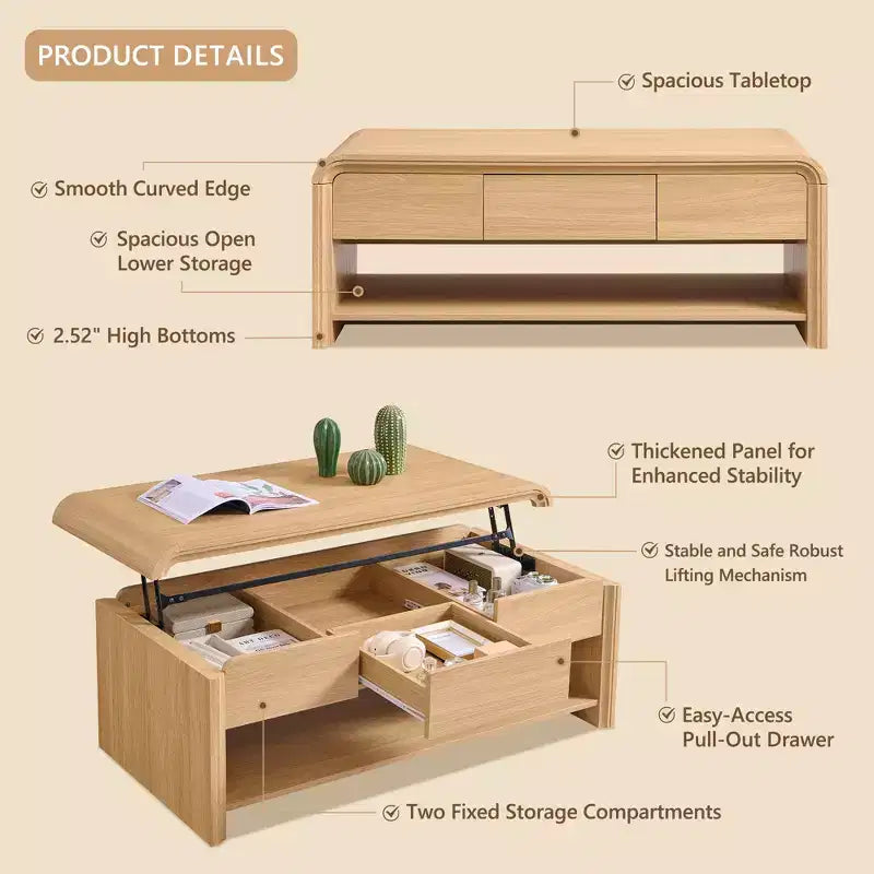 Lift Top Coffee Table with Storage, 47" Modern Coffee Table with Hidden Compartment