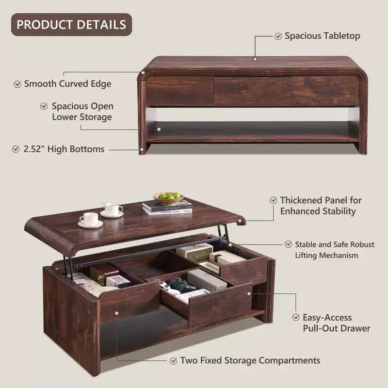 Lift Top Coffee Table with Storage, 47" Modern Coffee Table with Hidden Compartment