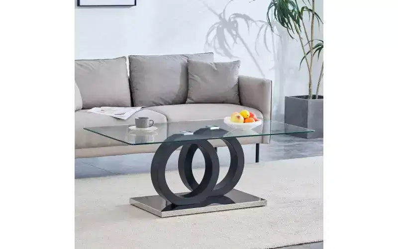 Glass Top Coffee Table with Interlocking Circular Base, Modern MDF Frame, Easy Assembly Center Table for Living Room or Bedroom