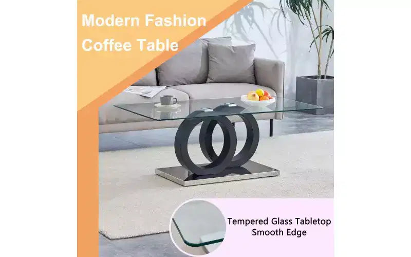 Glass Top Coffee Table with Interlocking Circular Base | Modern MDF Frame | Easy Assembly