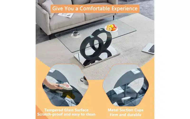 Glass Top Coffee Table with Interlocking Circular Base | Modern MDF Frame | Easy Assembly
