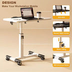 Overbed Table with Wheels, Adjustable Height Foldable Side Table, Portable Laptop Desk for Home Office, Black