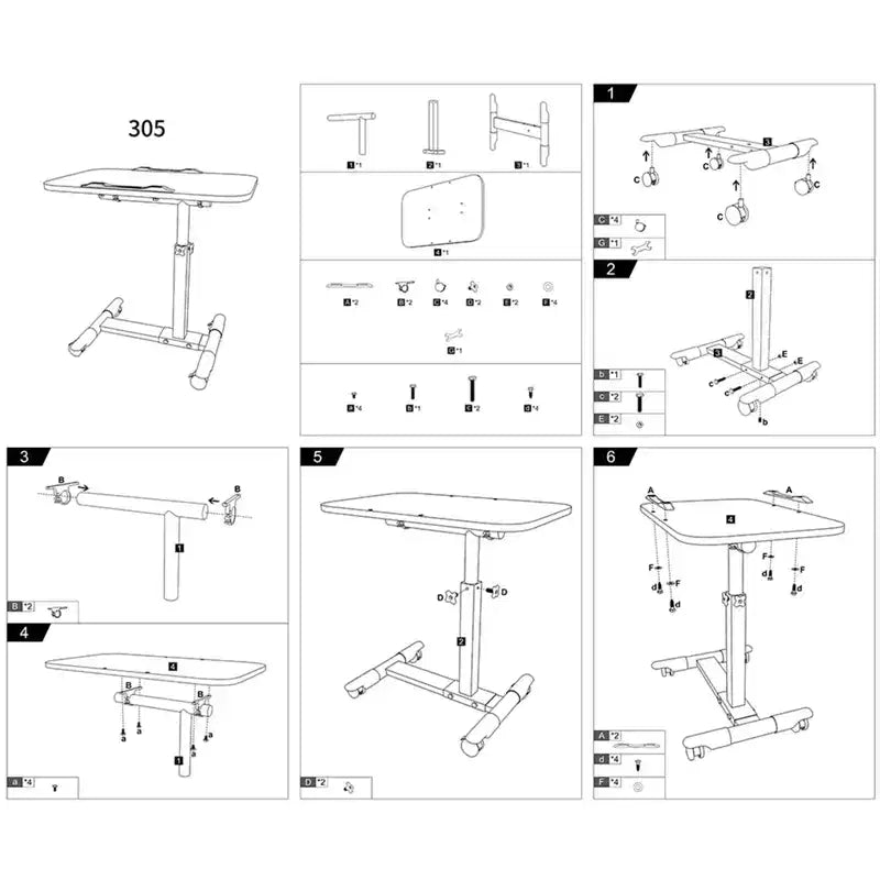 Overbed Table with Wheels, Adjustable Height Foldable Side Table, Portable Laptop Desk for Home Office, Black