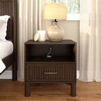 Fluted Cubby Nightstand with 1 Drawer, Electrical Outlet and Brass Handle