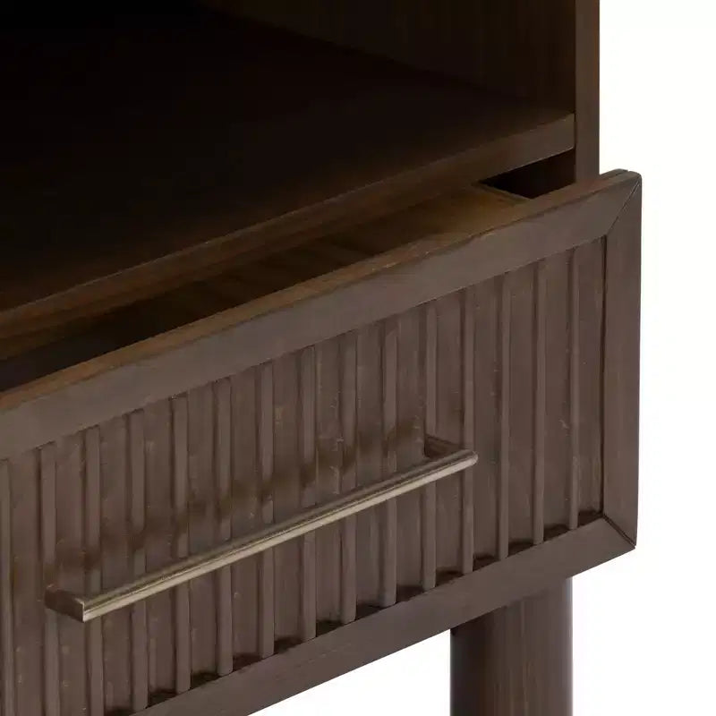 Fluted Cubby Nightstand with 1 Drawer, Electrical Outlet and Brass Handle
