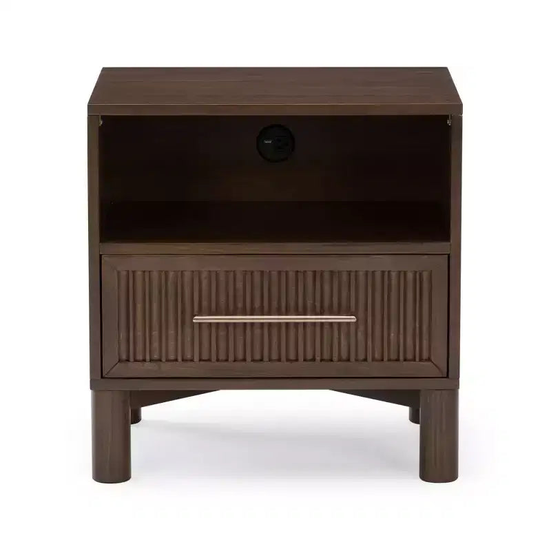 Fluted Cubby Nightstand with 1 Drawer, Electrical Outlet and Brass Handle