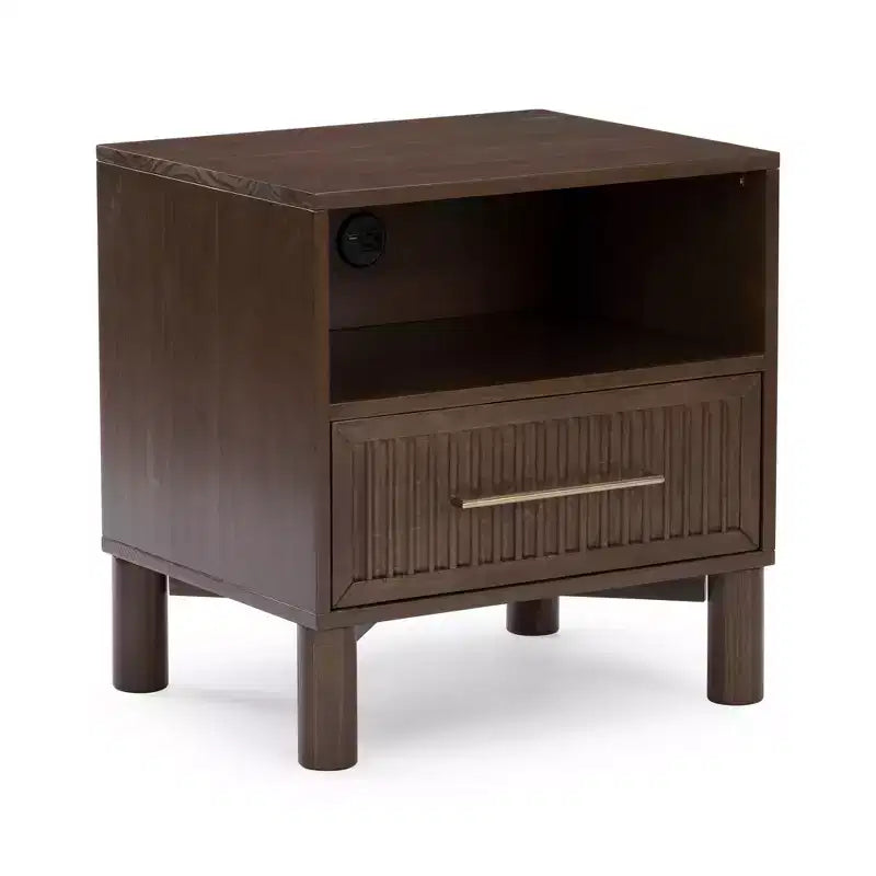 Fluted Cubby Nightstand with 1 Drawer, Electrical Outlet and Brass Handle