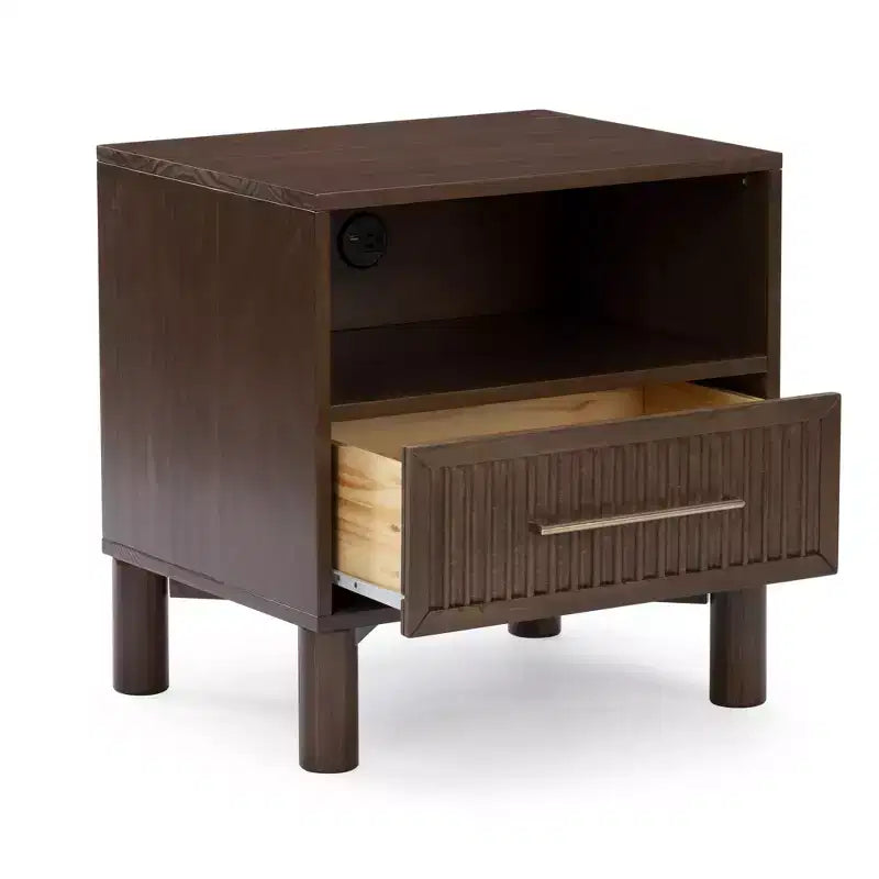 Fluted Cubby Nightstand with 1 Drawer, Electrical Outlet and Brass Handle