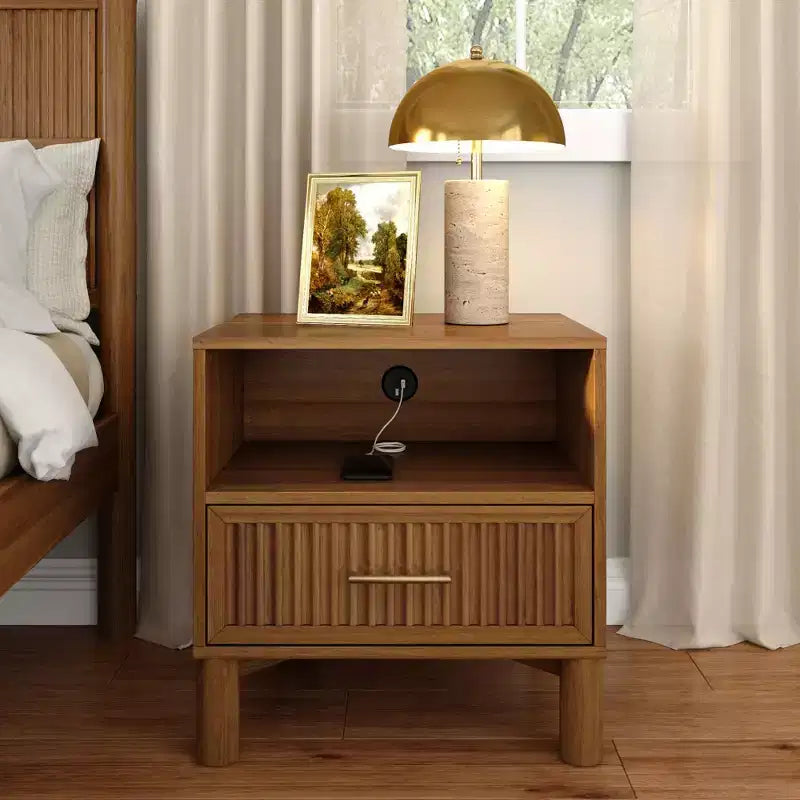 Fluted Cubby Nightstand with 1 Drawer, Electrical Outlet and Brass Handle