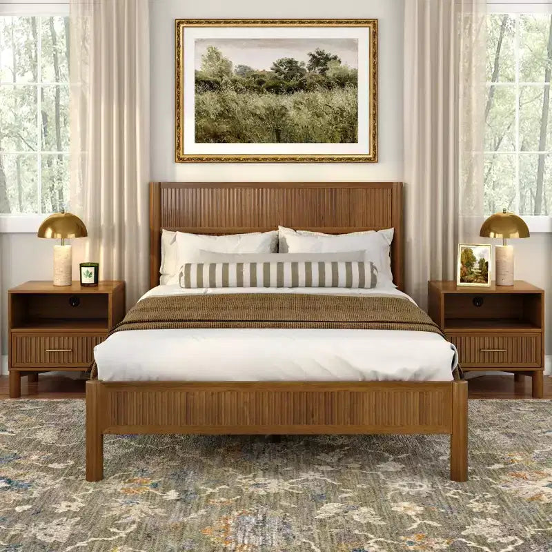 Fluted Cubby Nightstand with 1 Drawer, Electrical Outlet and Brass Handle