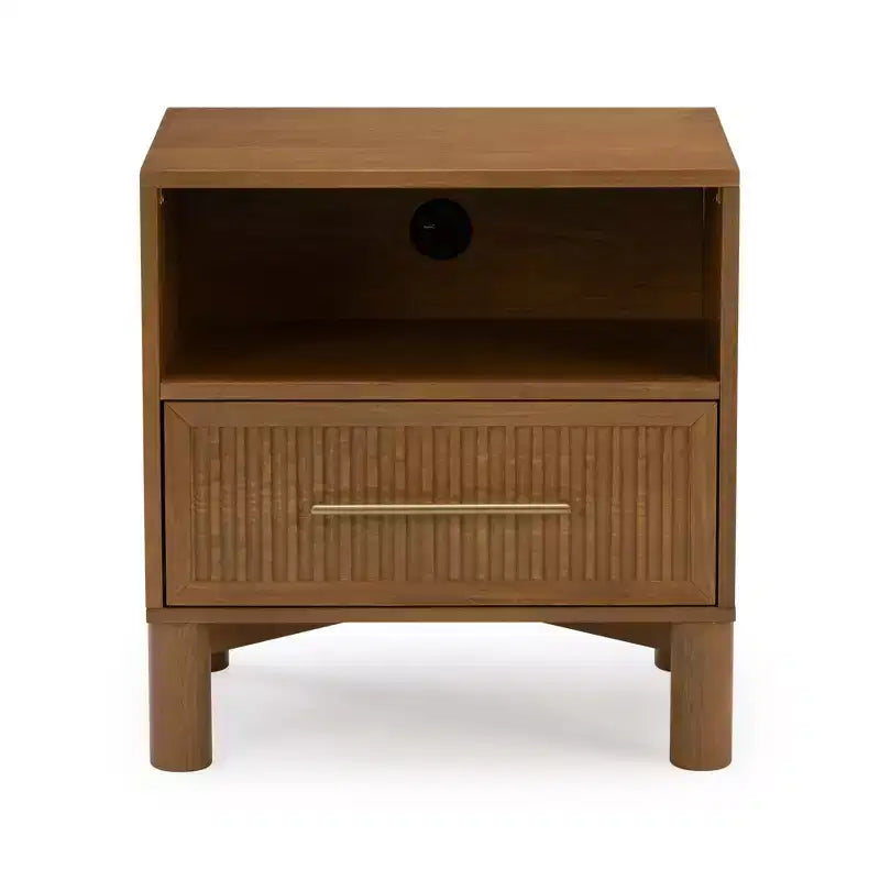 Fluted Cubby Nightstand with 1 Drawer, Electrical Outlet and Brass Handle