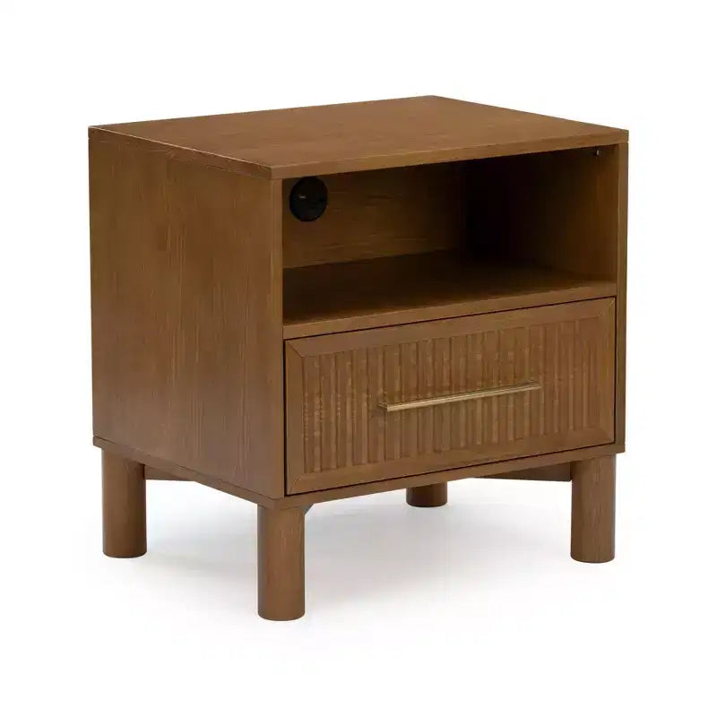 Fluted Cubby Nightstand with 1 Drawer, Electrical Outlet and Brass Handle