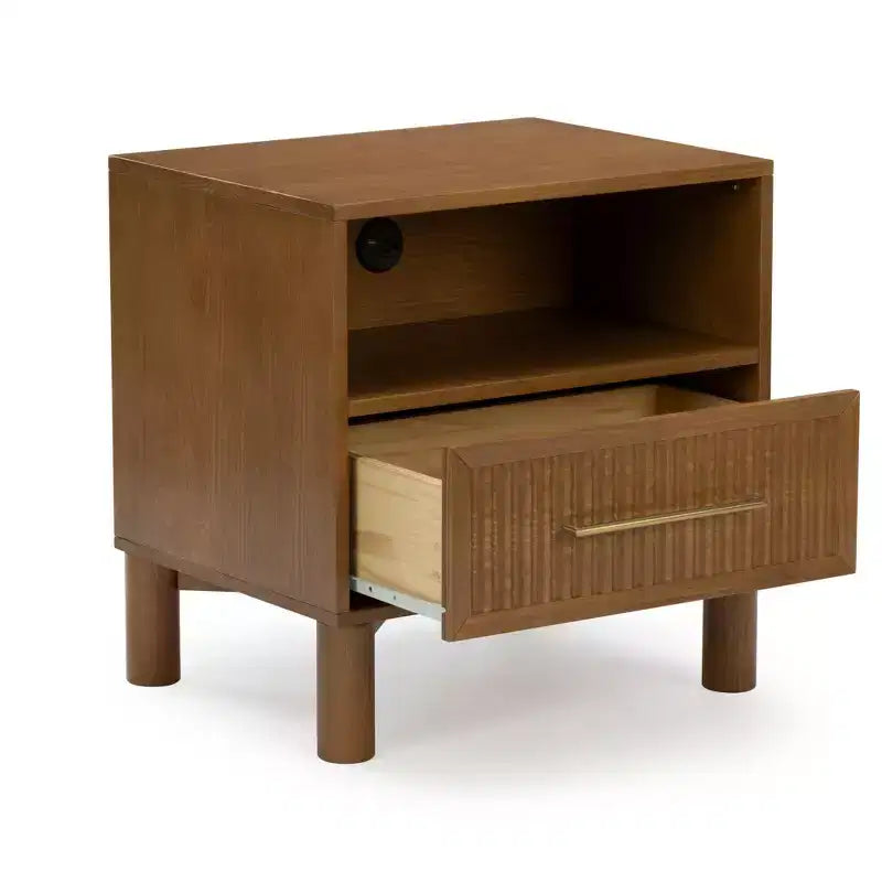 Fluted Cubby Nightstand with 1 Drawer, Electrical Outlet and Brass Handle