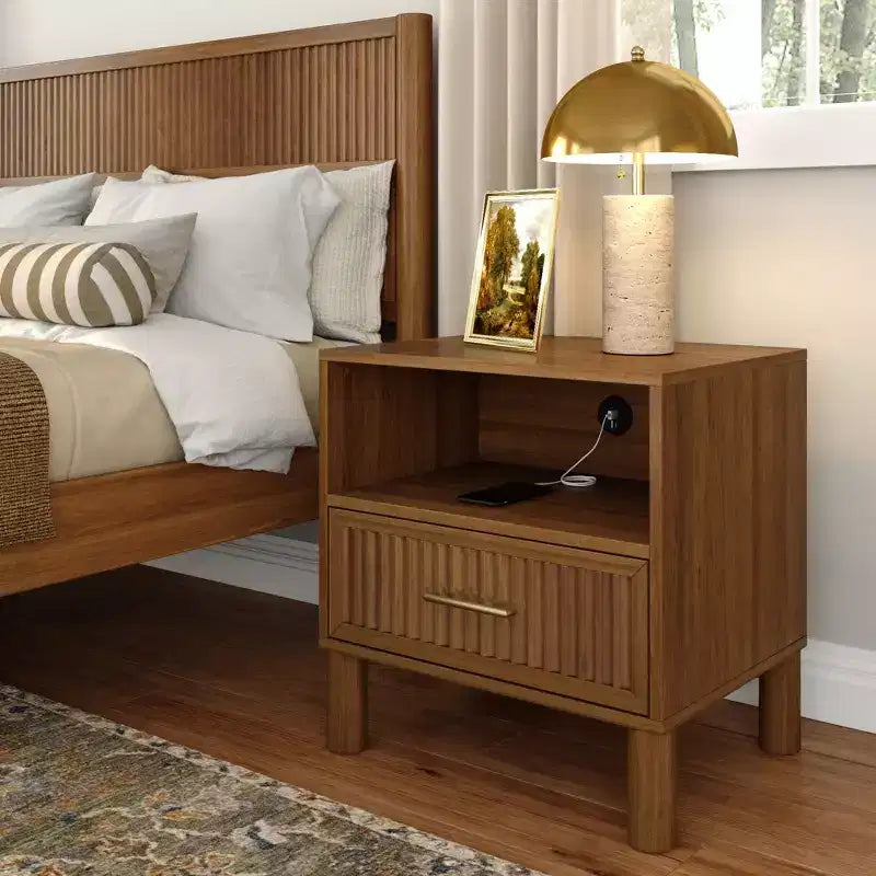 Sera Fluted Cubby Nightstand with 1 Drawer, Electrical Outlet and Brass Handle