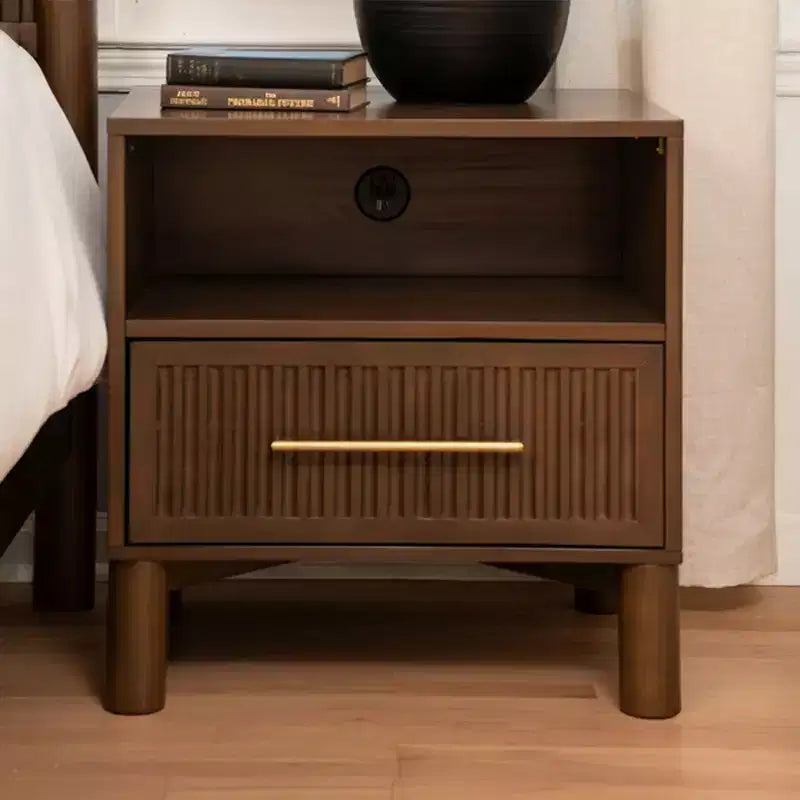 Fluted Cubby Nightstand with 1 Drawer, Electrical Outlet and Brass Handle