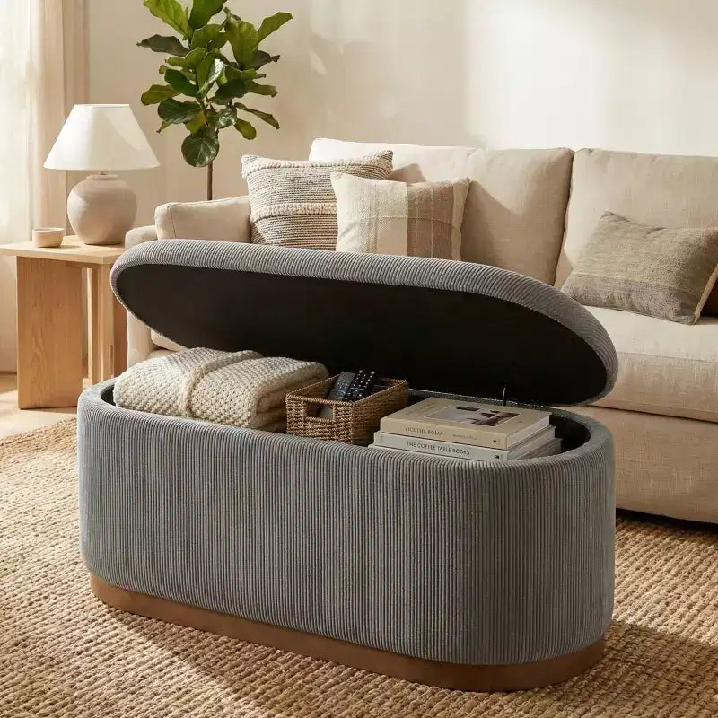 Mid-Century Modern Corduroy Upholstered Storage Bench with Wood Legs, Lift Top