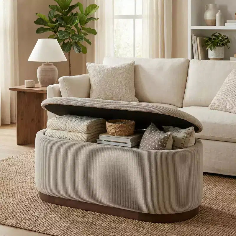 Mid-Century Modern Corduroy Upholstered Storage Bench with Wood Legs, Lift Top