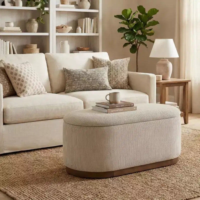 Mid-Century Modern Corduroy Upholstered Storage Bench with Wood Legs, Lift Top