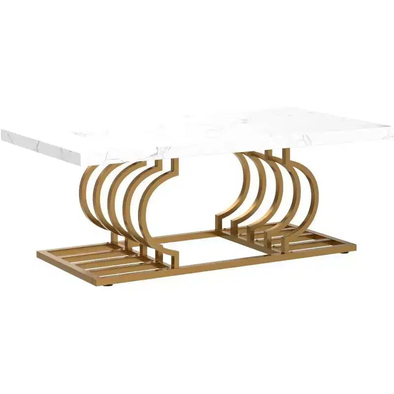 Lantine 47-Inch Modern Coffee Table, Faux Marble Cocktail Table with Geometric Frame for Living Room, White/Gold, Simple Assembly