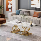 47-Inch Modern Coffee Table, Faux Marble Cocktail Table with Geometric Frame for Living Room, White/Gold