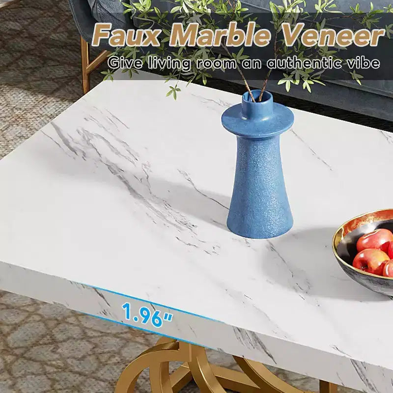 47-Inch Modern Coffee Table, Faux Marble Cocktail Table with Geometric Frame for Living Room, White/Gold